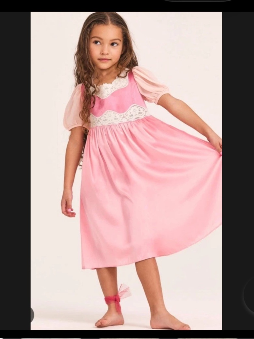 LoveShackFancy -Girls Satin Short Sleeve Holly Dress - Pink w/ Lace Detail READ